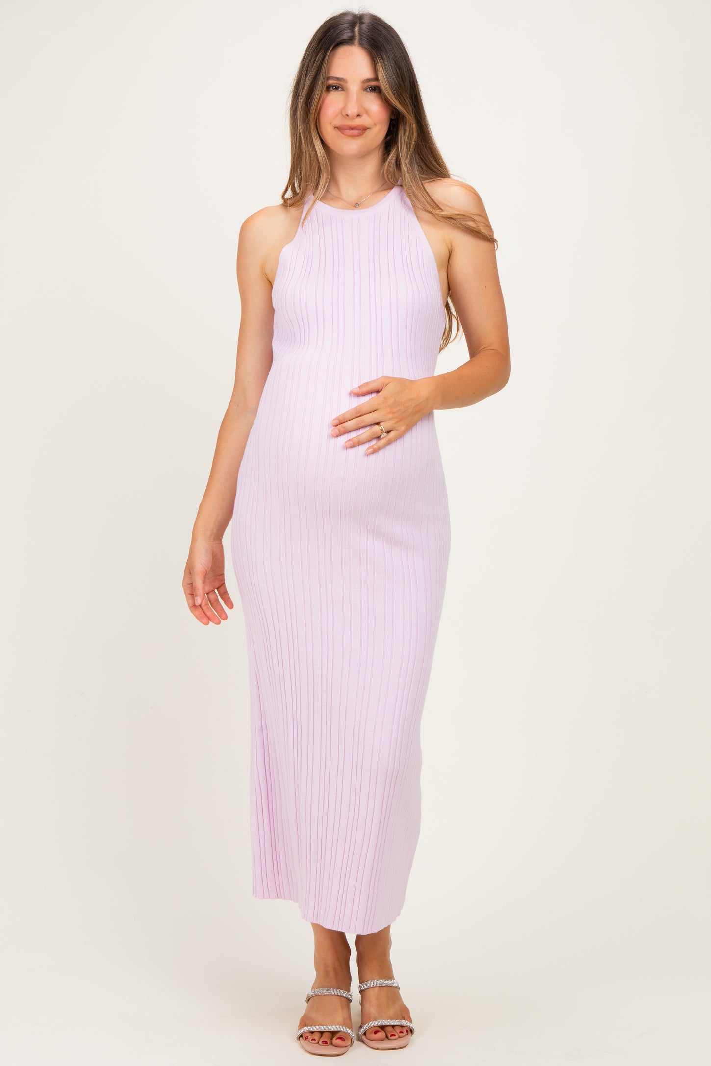 Light Pink Halter Ribbed Knit Maternity Maxi Dress