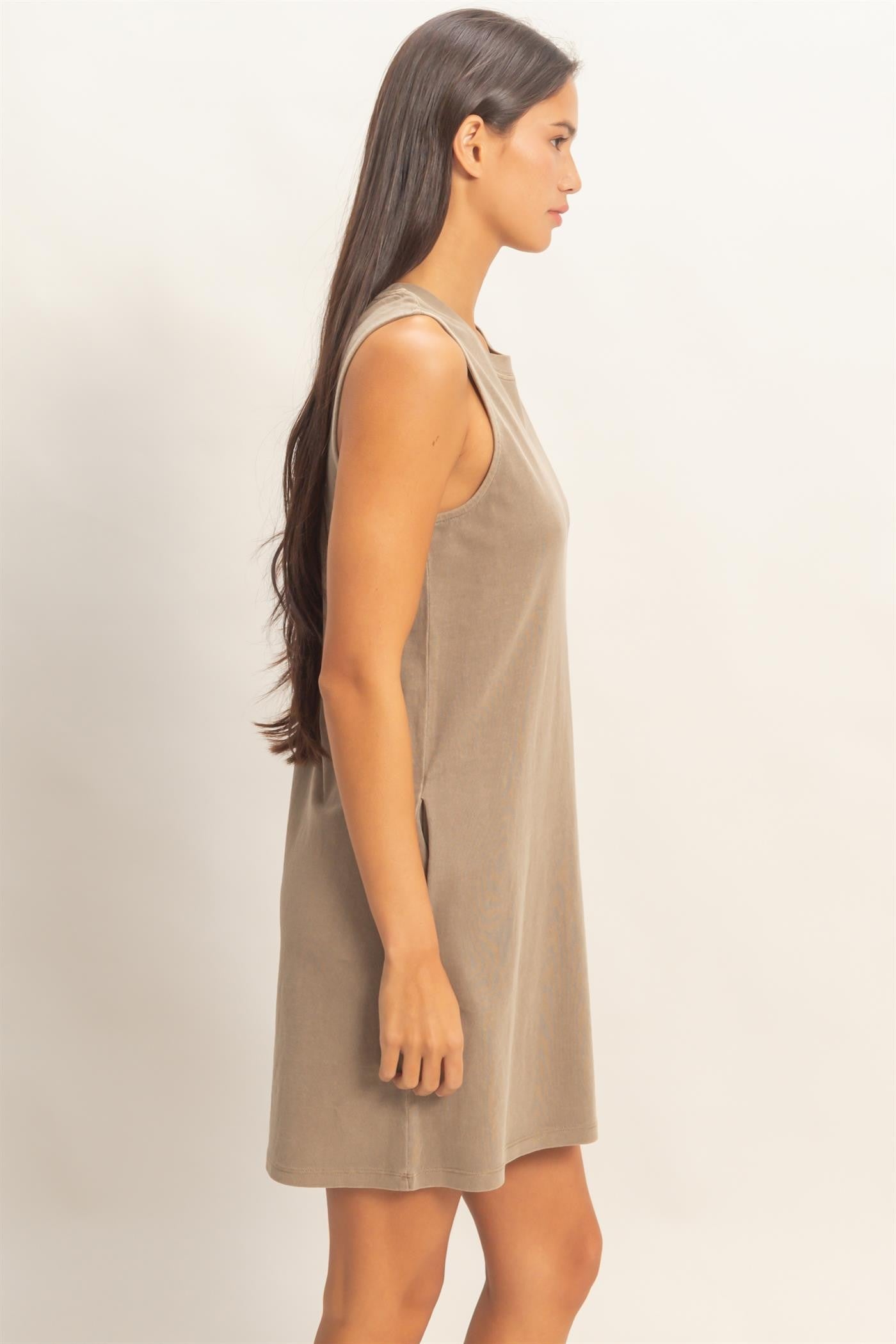 Mocha Pigment Dyed Sleeveless Mini Dres