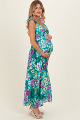 Teal Floral V-Neck Ruffle Strap Maternity Maxi Dress