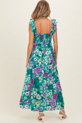 Teal Floral V-Neck Ruffle Strap Maternity Maxi Dress