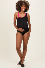 Black Multicolor Trim One Shoulder One Piece Maternity Swimsuit