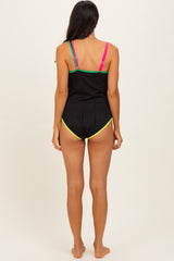 Black Multicolor Trim One Shoulder One Piece Swimsuit