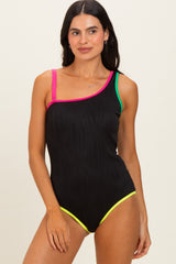 Black Multicolor Trim One Shoulder One Piece Maternity Swimsuit