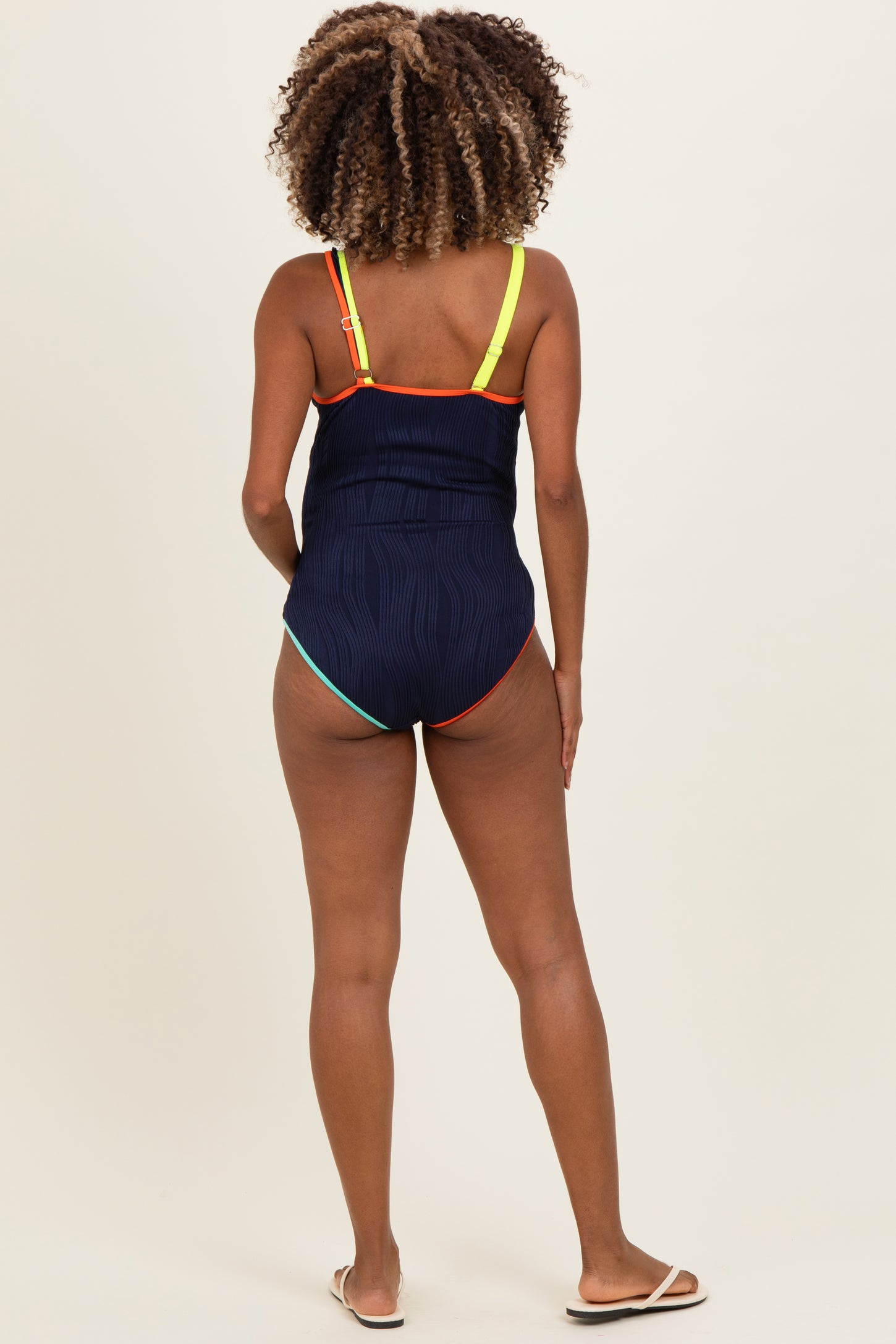 Navy Multicolor Trim One Shoulder One Piece Maternity Swimsuit