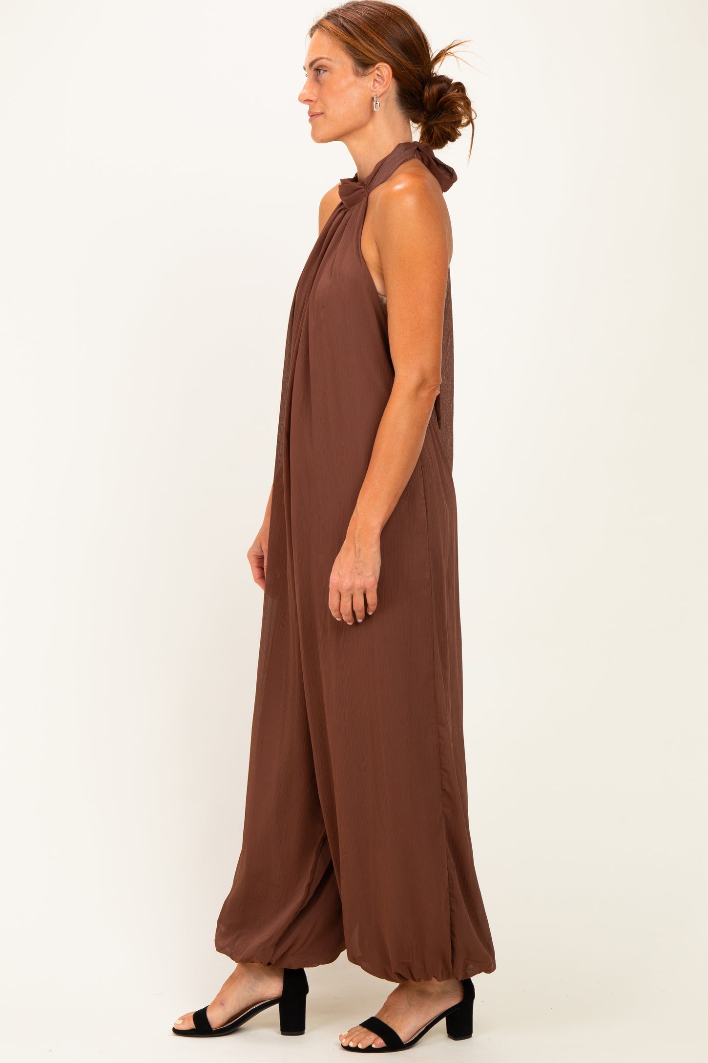 Brown Chiffon Halter Neck Open Back Jumpsuit