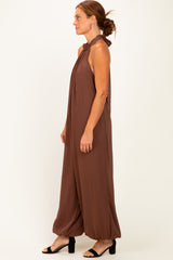 Brown Chiffon Halter Neck Open Back Jumpsuit