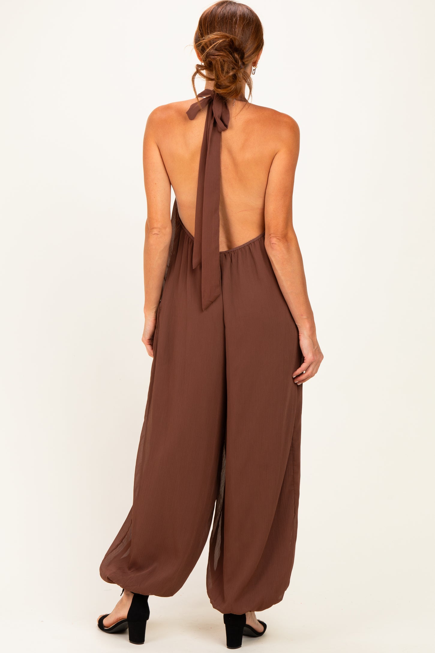 Brown Chiffon Halter Neck Open Back Jumpsuit