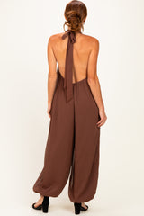 Brown Chiffon Halter Neck Open Back Jumpsuit