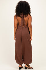 Brown Chiffon Halter Neck Open Back Jumpsuit