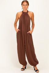 Brown Chiffon Halter Neck Open Back Jumpsuit