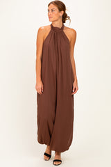 Brown Chiffon Halter Neck Open Back Jumpsuit