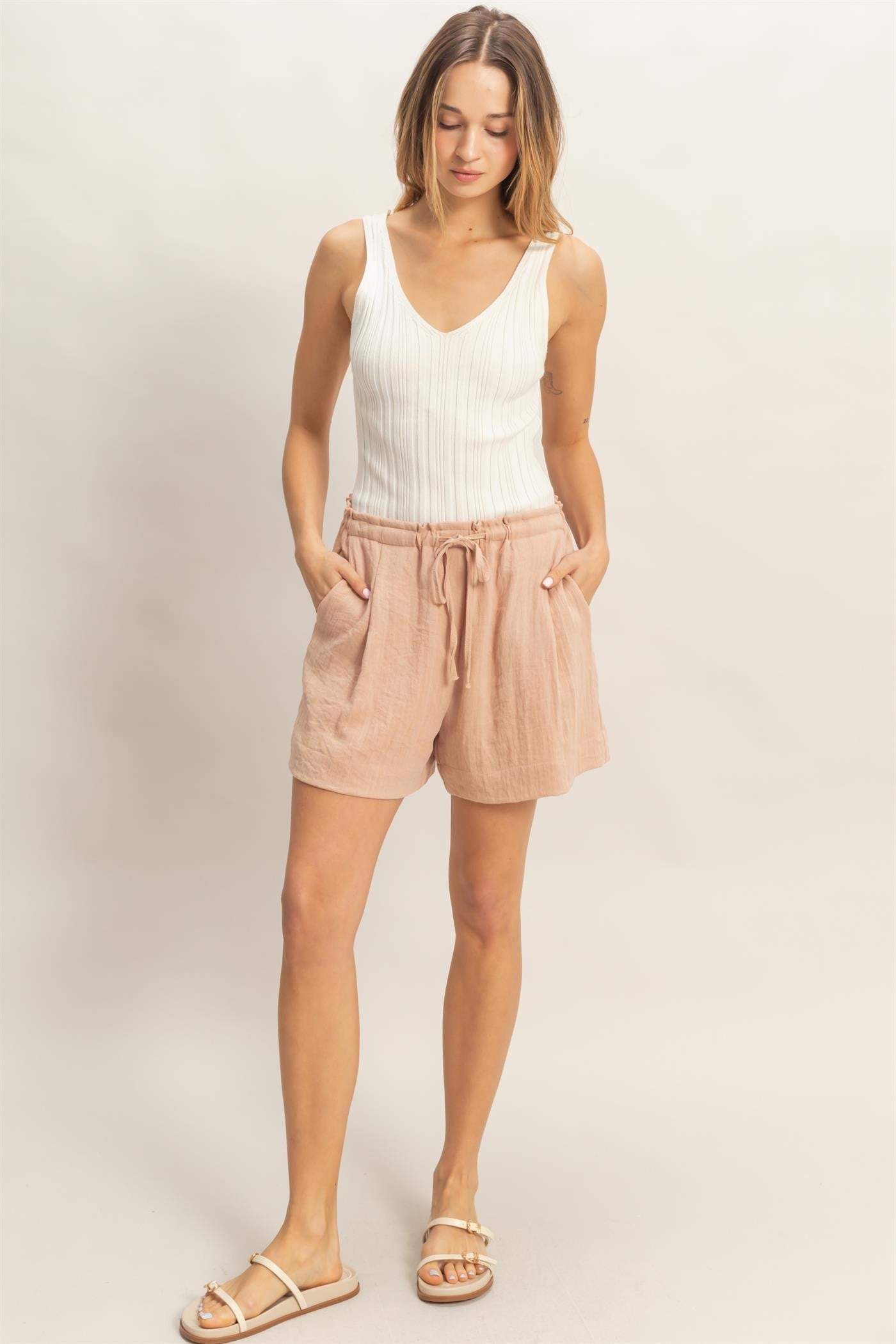 Peach Drawstring Pleated Shorts