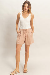 Peach Drawstring Pleated Shorts