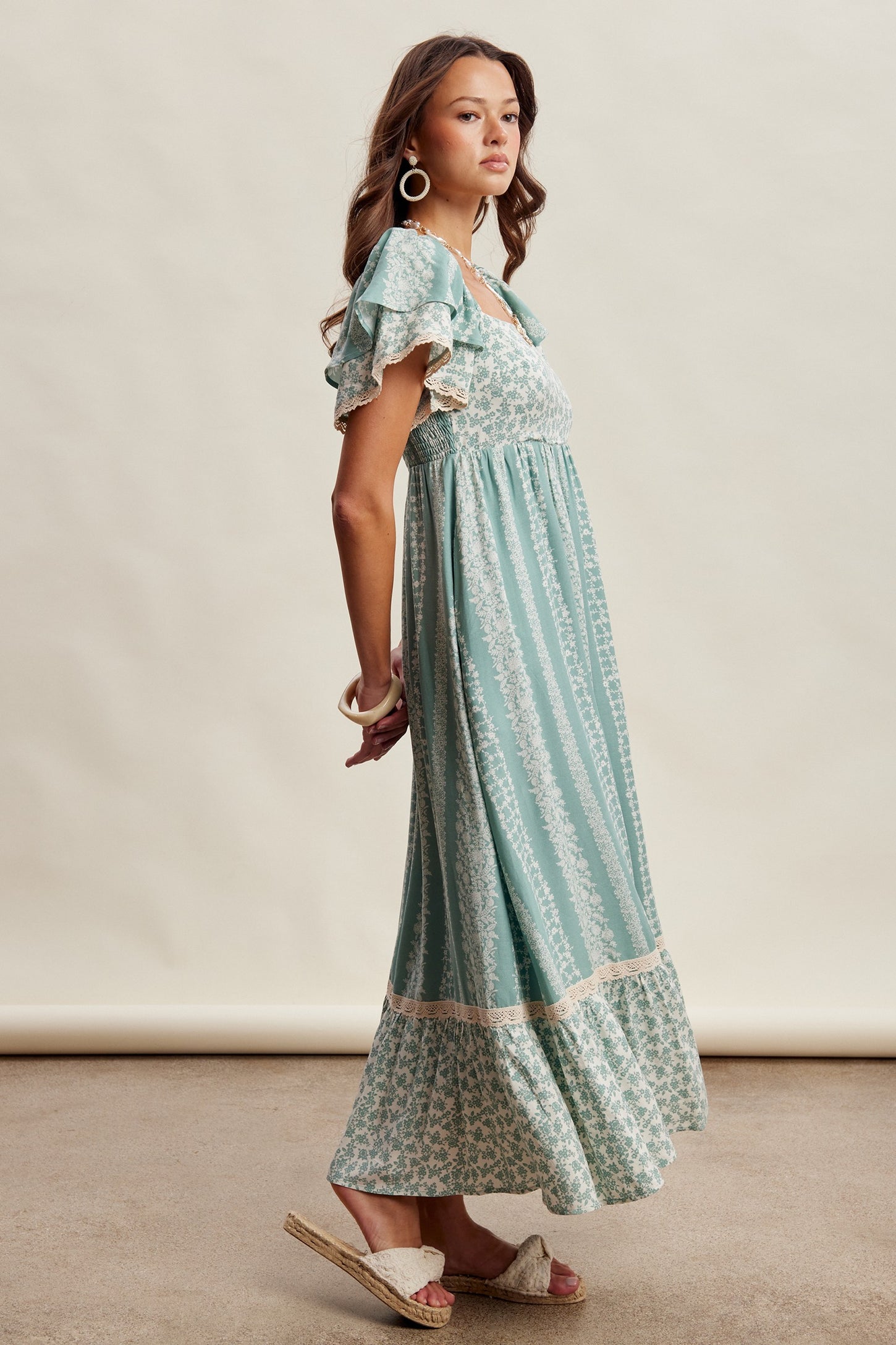 Sage Floral Border Print Flutter Sleeve Maxi Dress