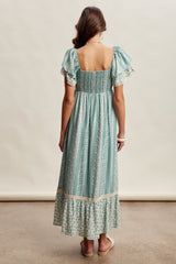 Sage Floral Border Print Flutter Sleeve Maxi Dress