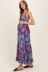 Navy Red V-Neck Twist Front Cut Out Maternity Maxi Dress