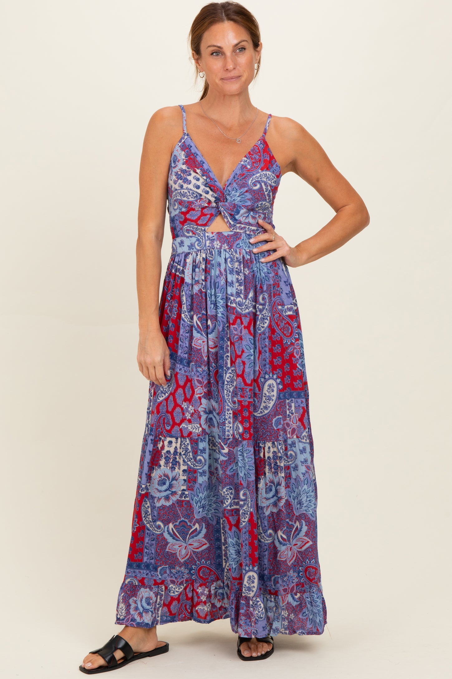 Navy Red V-Neck Twist Front Cut Out Maternity Maxi Dress