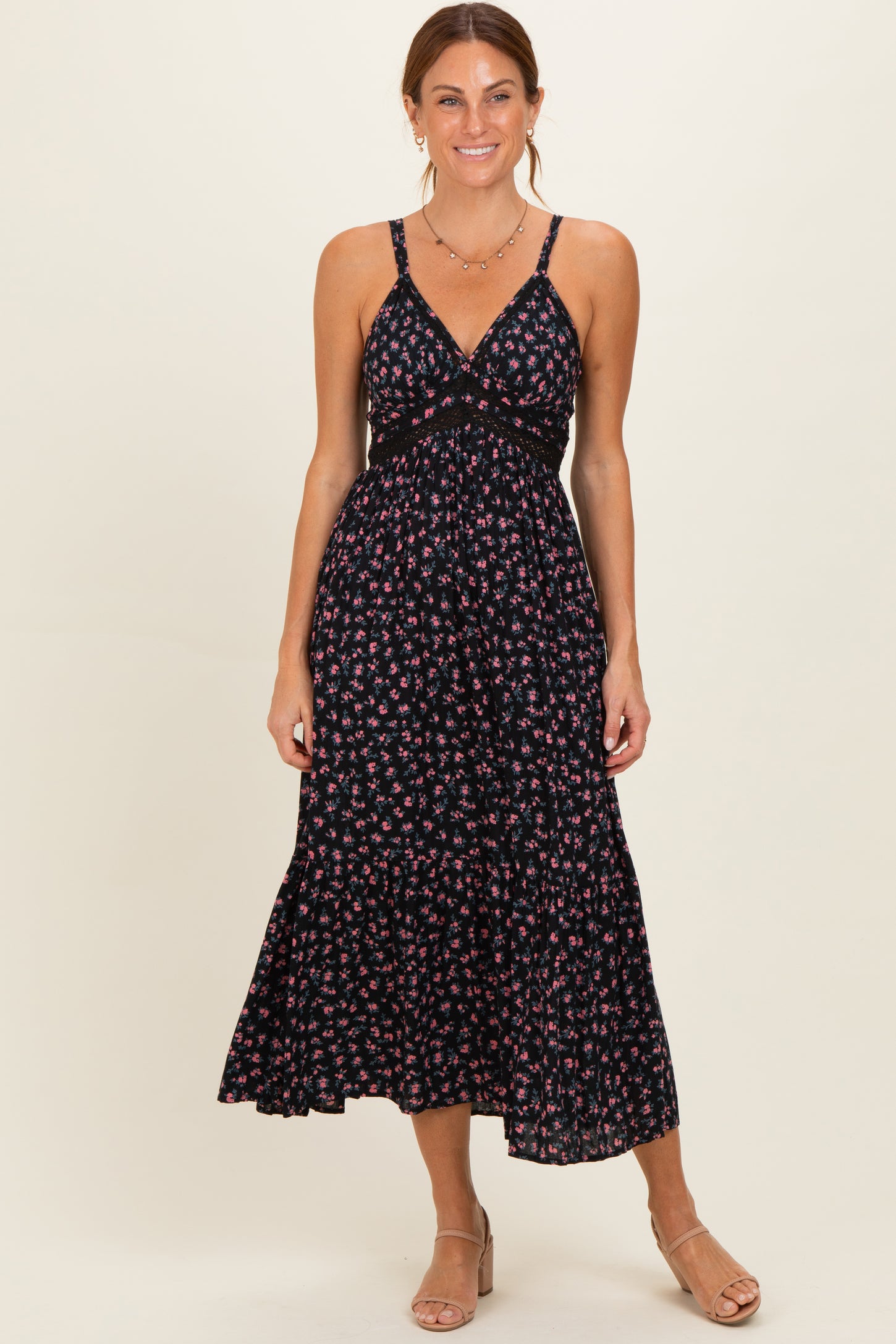 Black Floral Lace Detail Strappy Maternity Maxi Dress
