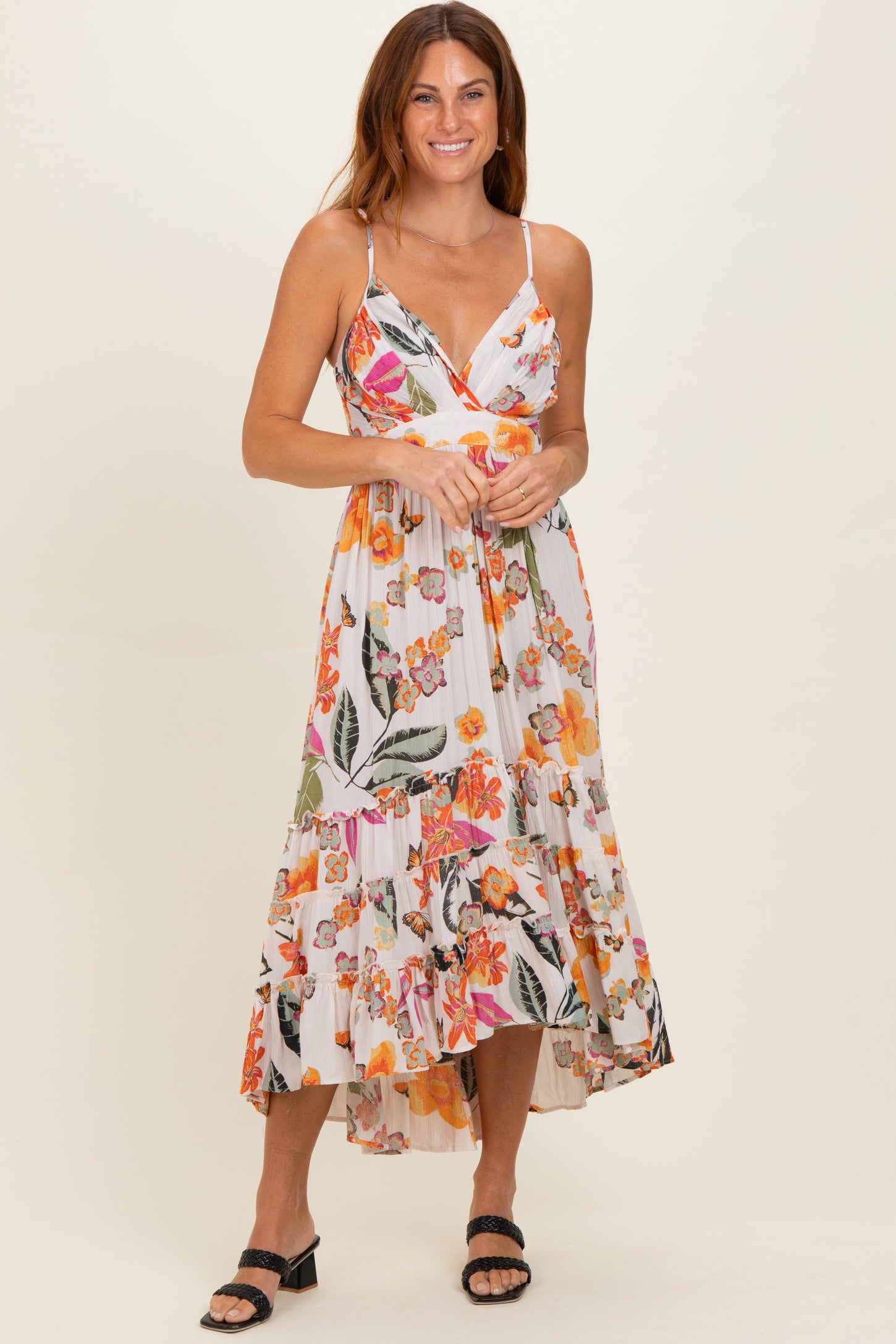 Ivory Floral V-Neck Tiered Hem Maternity Midi Dress