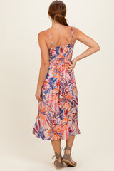 Pink Tropical Floral Twisted Front Cutout Midi Dress