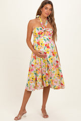 Ivory Floral Keyhole Halter Maternity Midi Dress