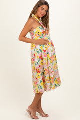 Ivory Floral Keyhole Halter Maternity Midi Dress