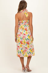 Ivory Floral Keyhole Halter Maternity Midi Dress