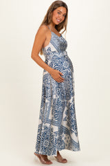 Navy Satin Floral Crossback Maternity Maxi Dress