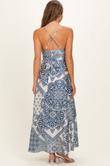 Navy Satin Floral Crossback Maternity Maxi Dress