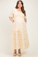 Beige Floral Embroidered Smocked Maternity Maxi Dress