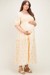 Beige Floral Embroidered Smocked Maternity Maxi Dress