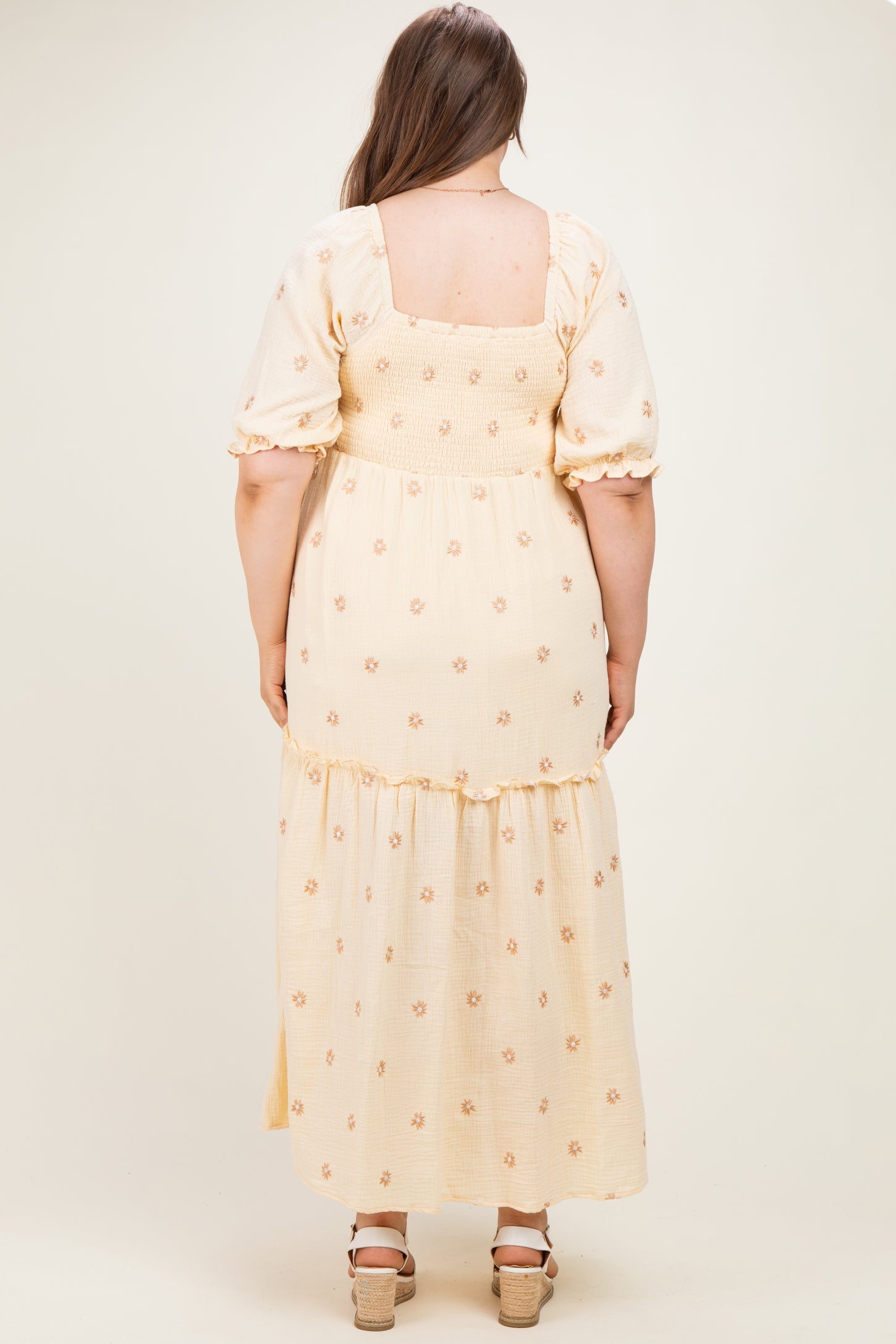 Beige Floral Embroidered Smocked Maternity Maxi Dress