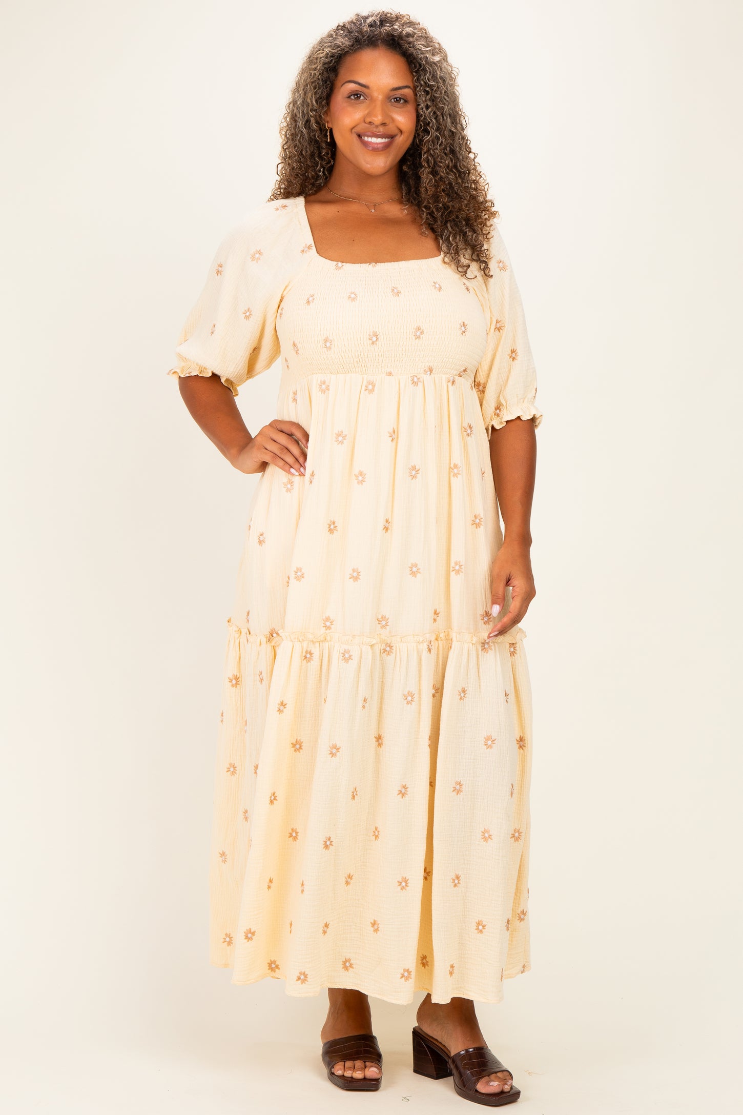 Beige Floral Embroidered Smocked Maternity Maxi Dress