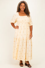 Beige Floral Embroidered Smocked Maternity Maxi Dress