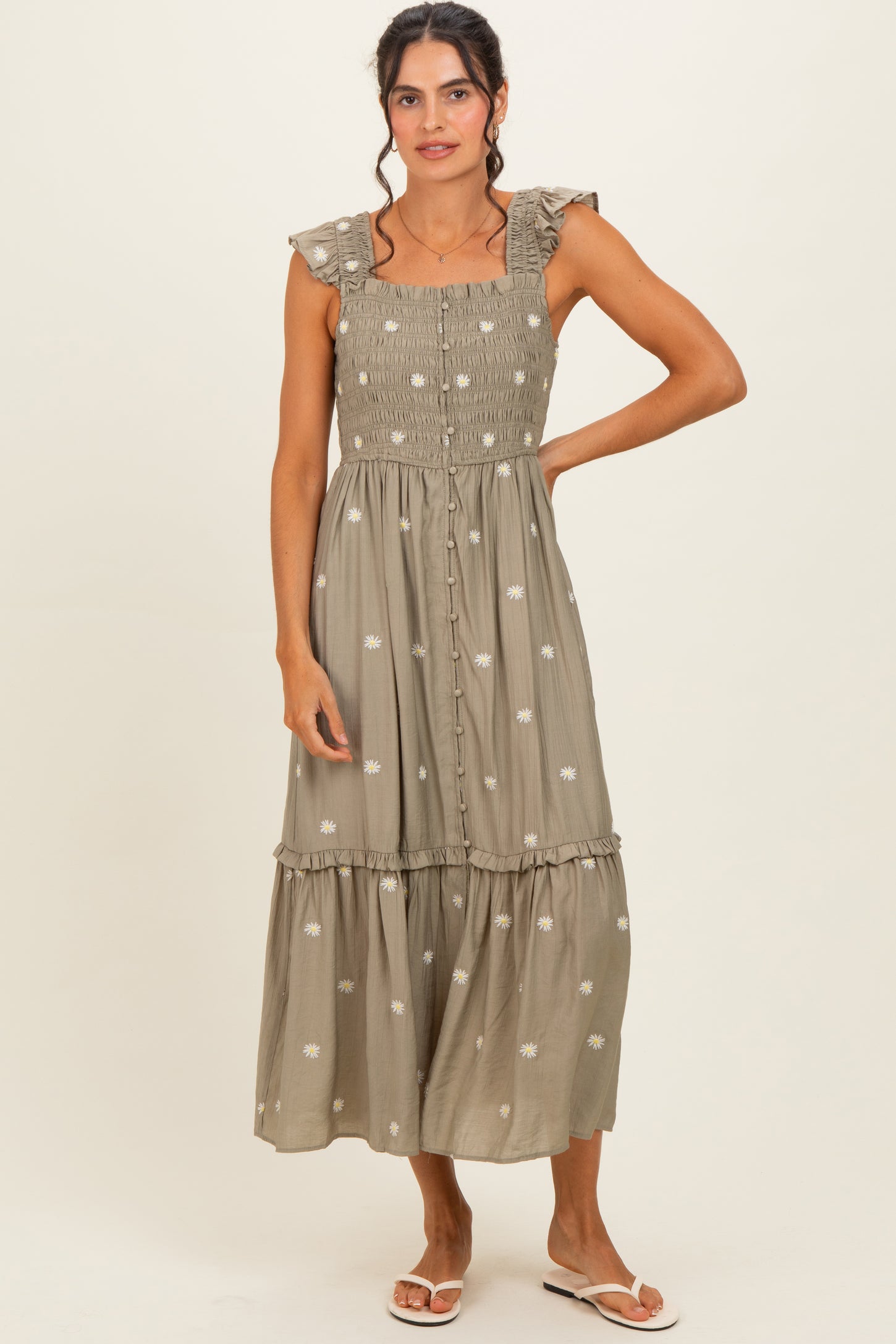 Olive Embroidered Ruffle Strap Smocked Maxi Dress