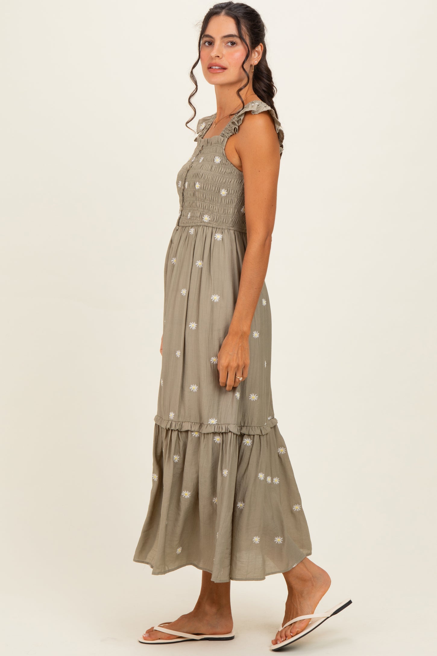Olive Embroidered Ruffle Strap Smocked Maxi Dress