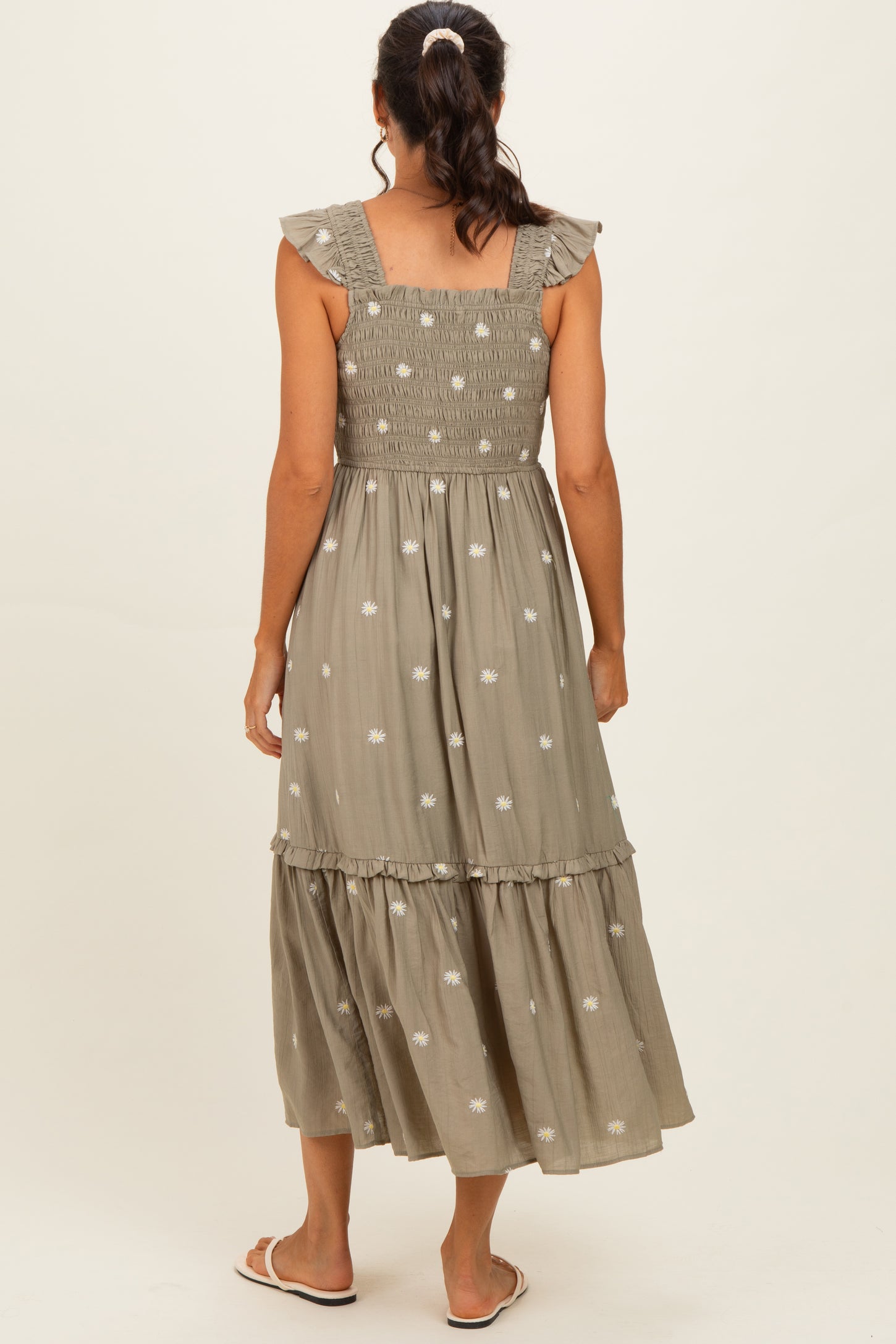 Olive Embroidered Ruffle Strap Smocked Maxi Dress