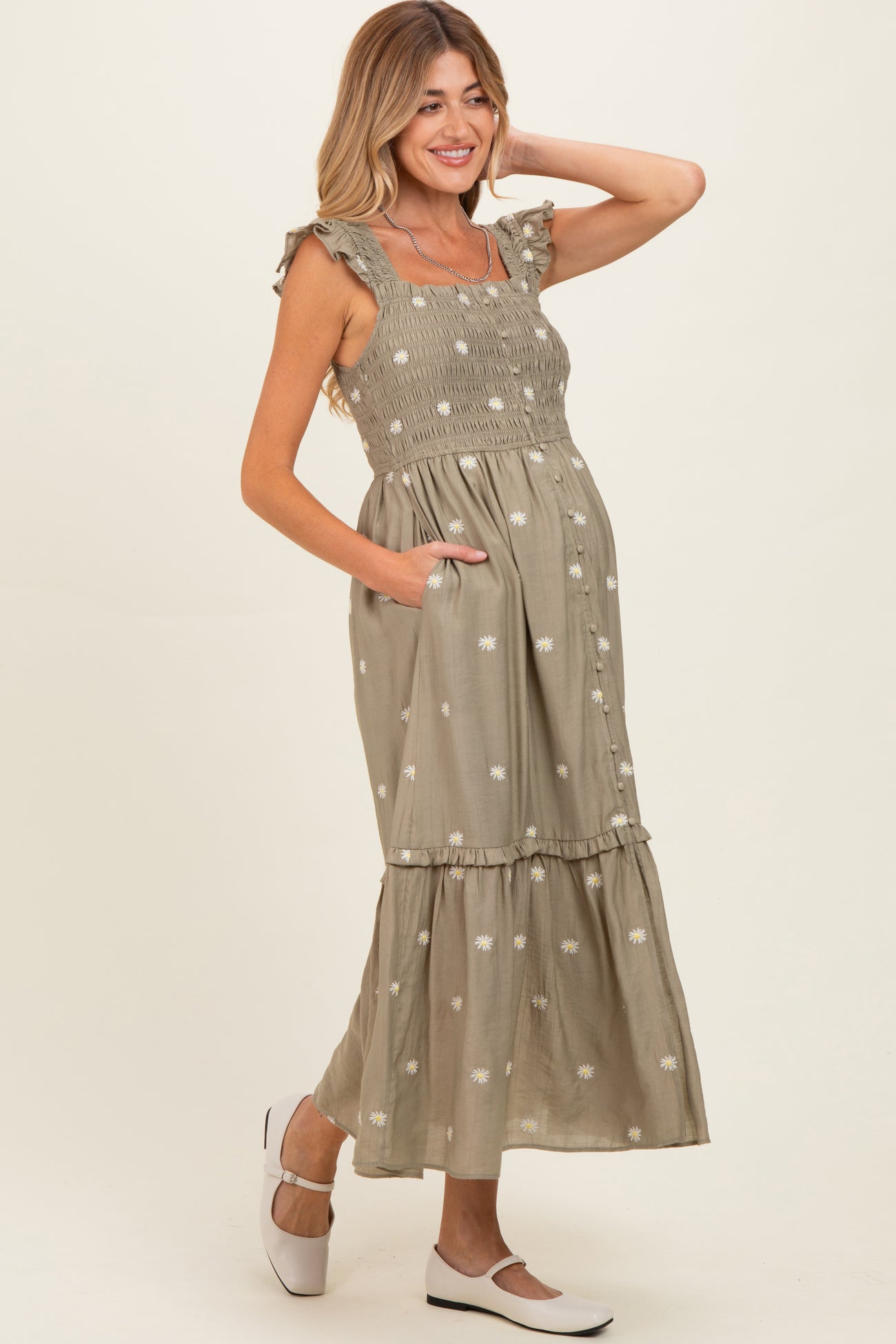 Olive Embroidered Ruffle Strap Smocked Maternity Maxi Dress