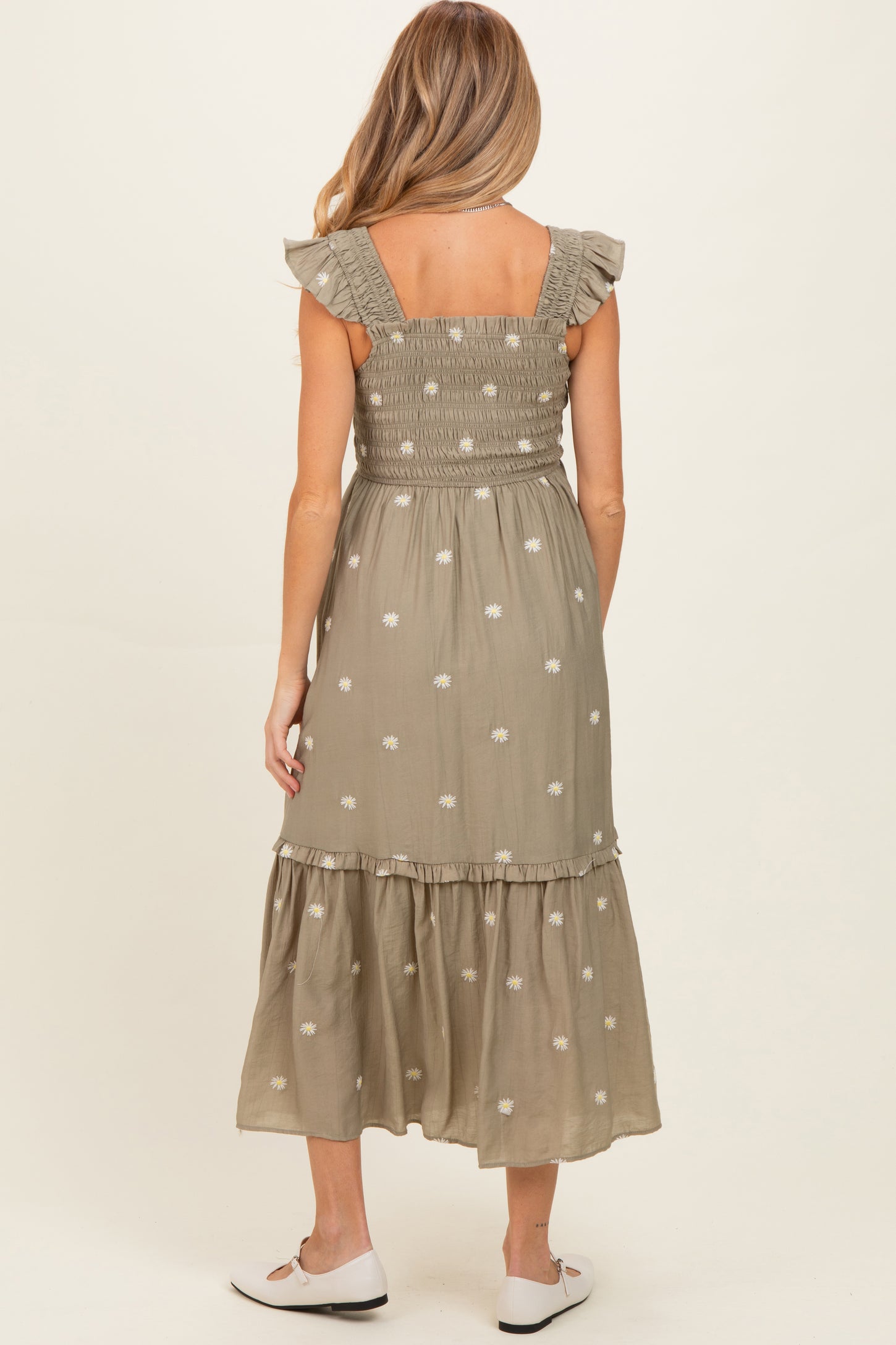Olive Embroidered Ruffle Strap Smocked Maternity Maxi Dress