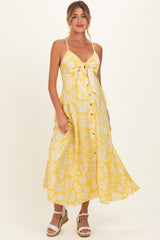 Yellow Floral Front Tie Racerback Maternity Midi Dress