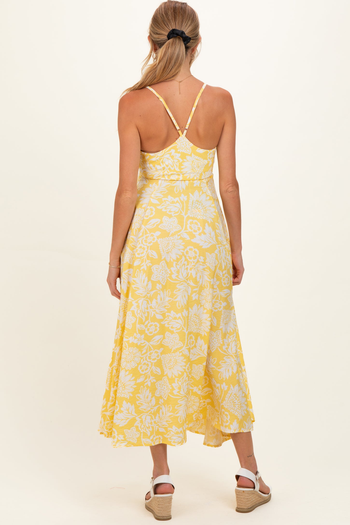 Yellow Floral Front Tie Racerback Maternity Midi Dress