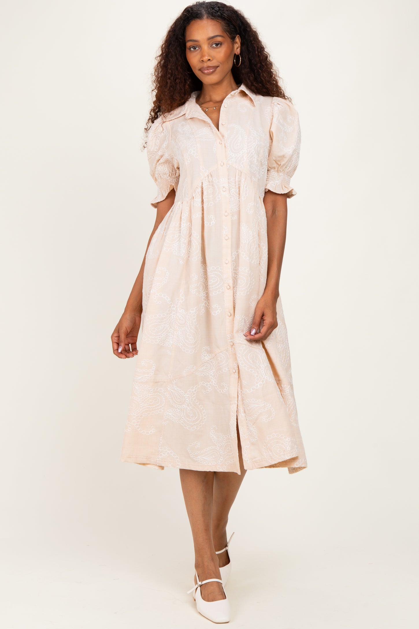 Stone Embroidered Maternity Midi Shirt Dress