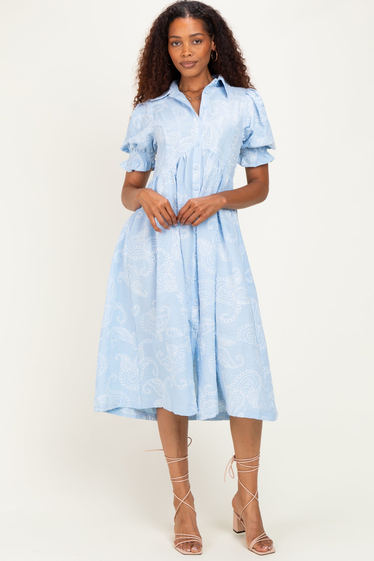 Light Blue Embroidered Maternity Midi Shirt Dress