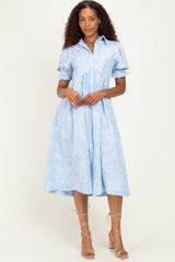Light Blue Embroidered Maternity Midi Shirt Dress