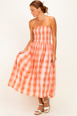 Orange Plaid Smocked Strapless Midi Dress