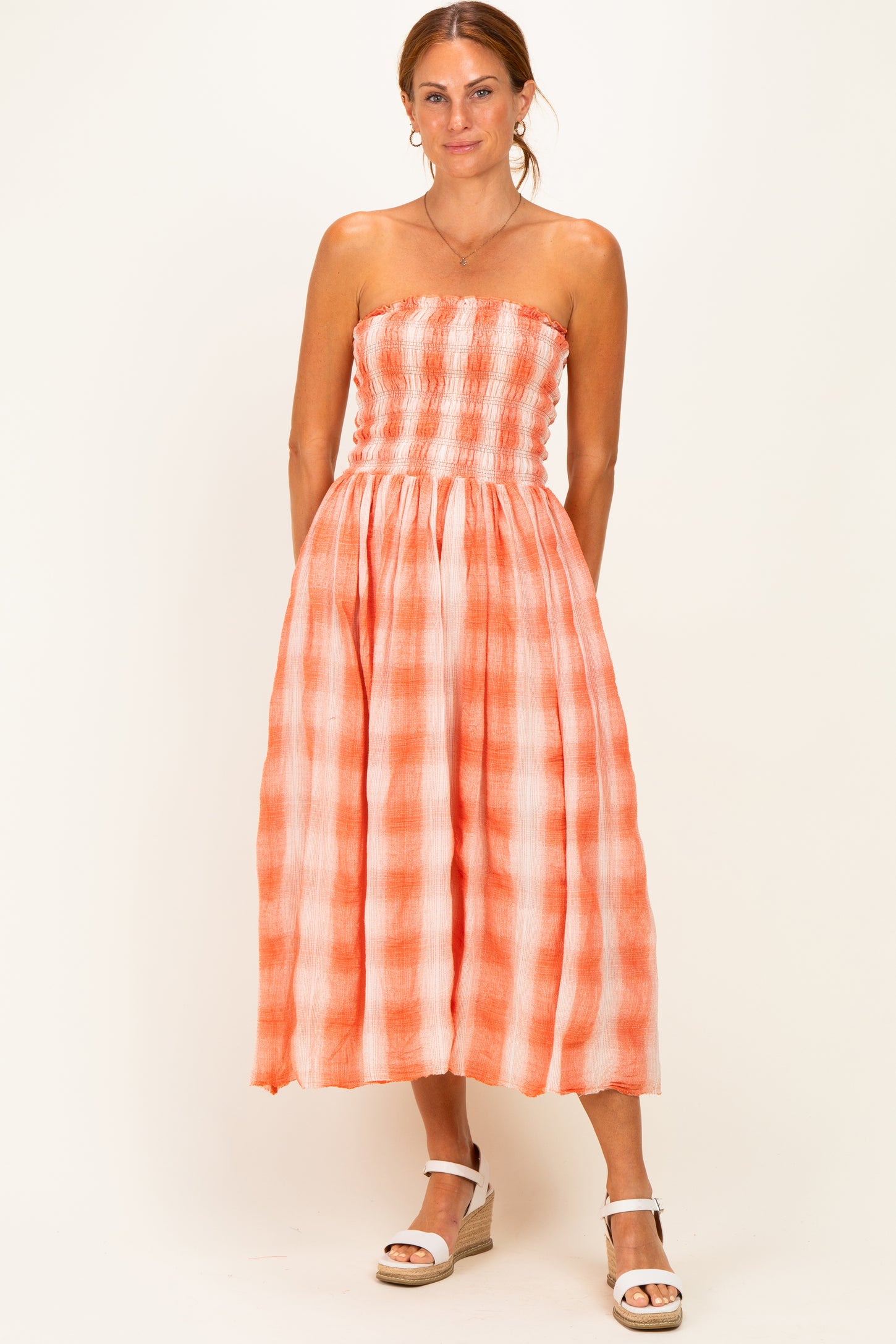 Orange Plaid Smocked Strapless Midi Dress