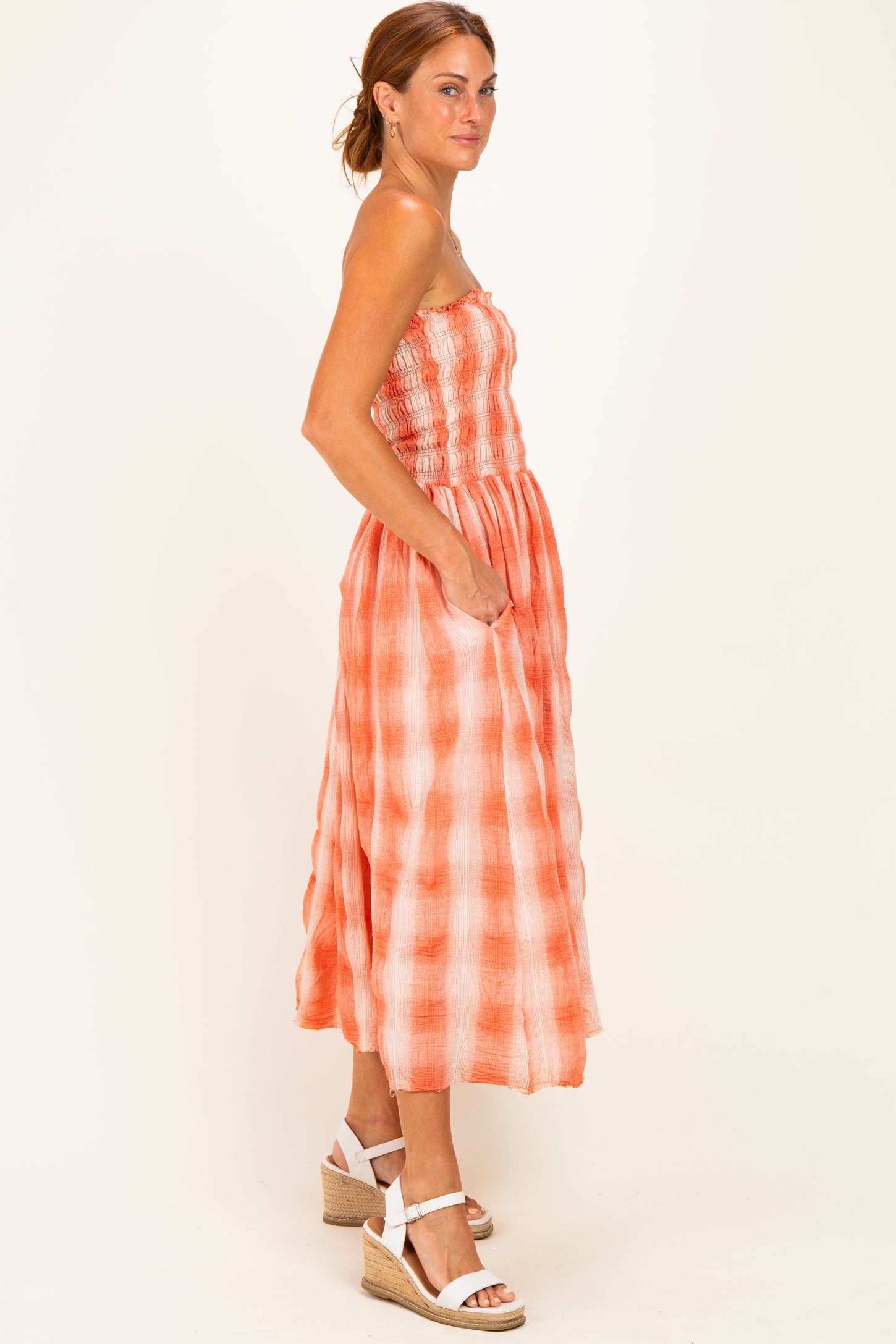 Orange Plaid Smocked Strapless Midi Dress