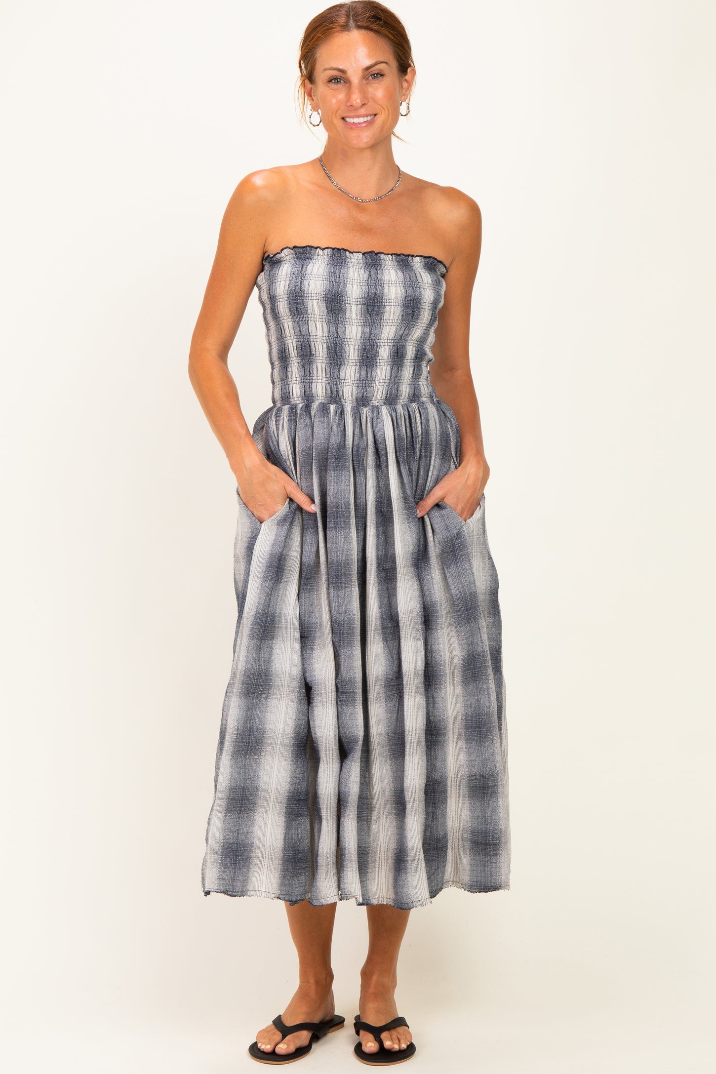 Black Plaid Smocked Strapless Maternity Midi Dress