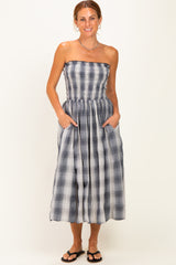 Black Plaid Smocked Strapless Maternity Midi Dress
