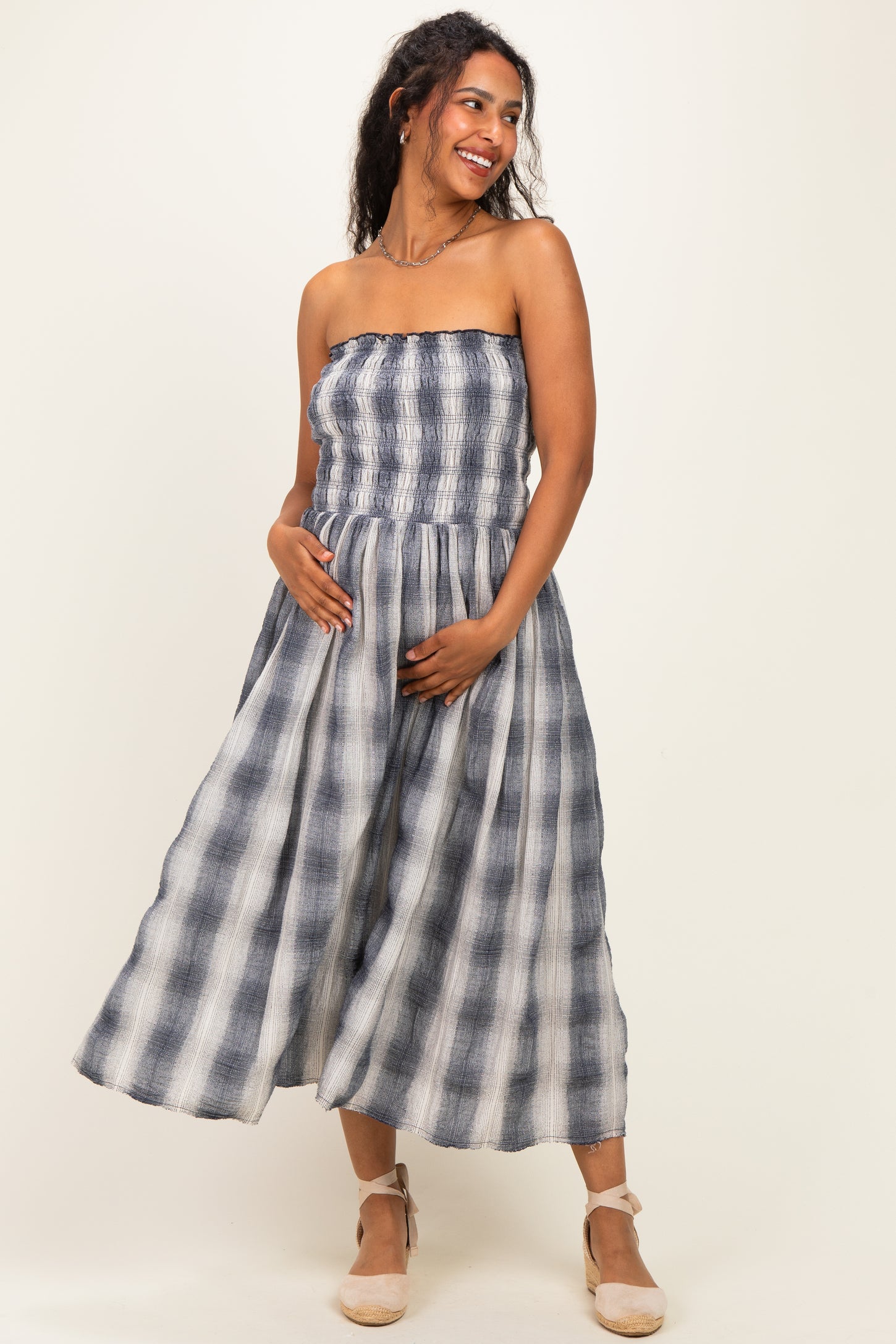 Black Plaid Smocked Strapless Maternity Midi Dress